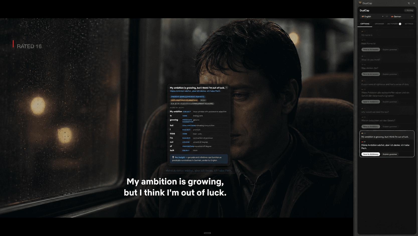 DualCap showing bilingual captions and grammar breakdown on a video
