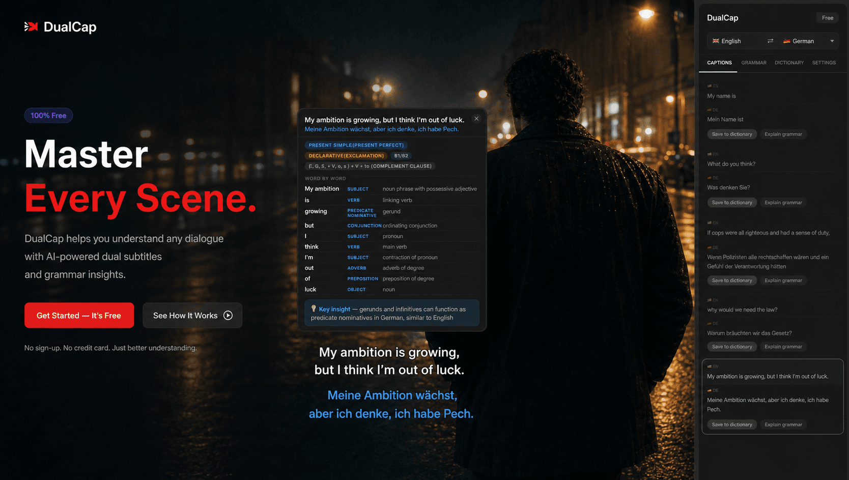 DualCap showing grammar breakdown overlay on a Netflix video in fullscreen