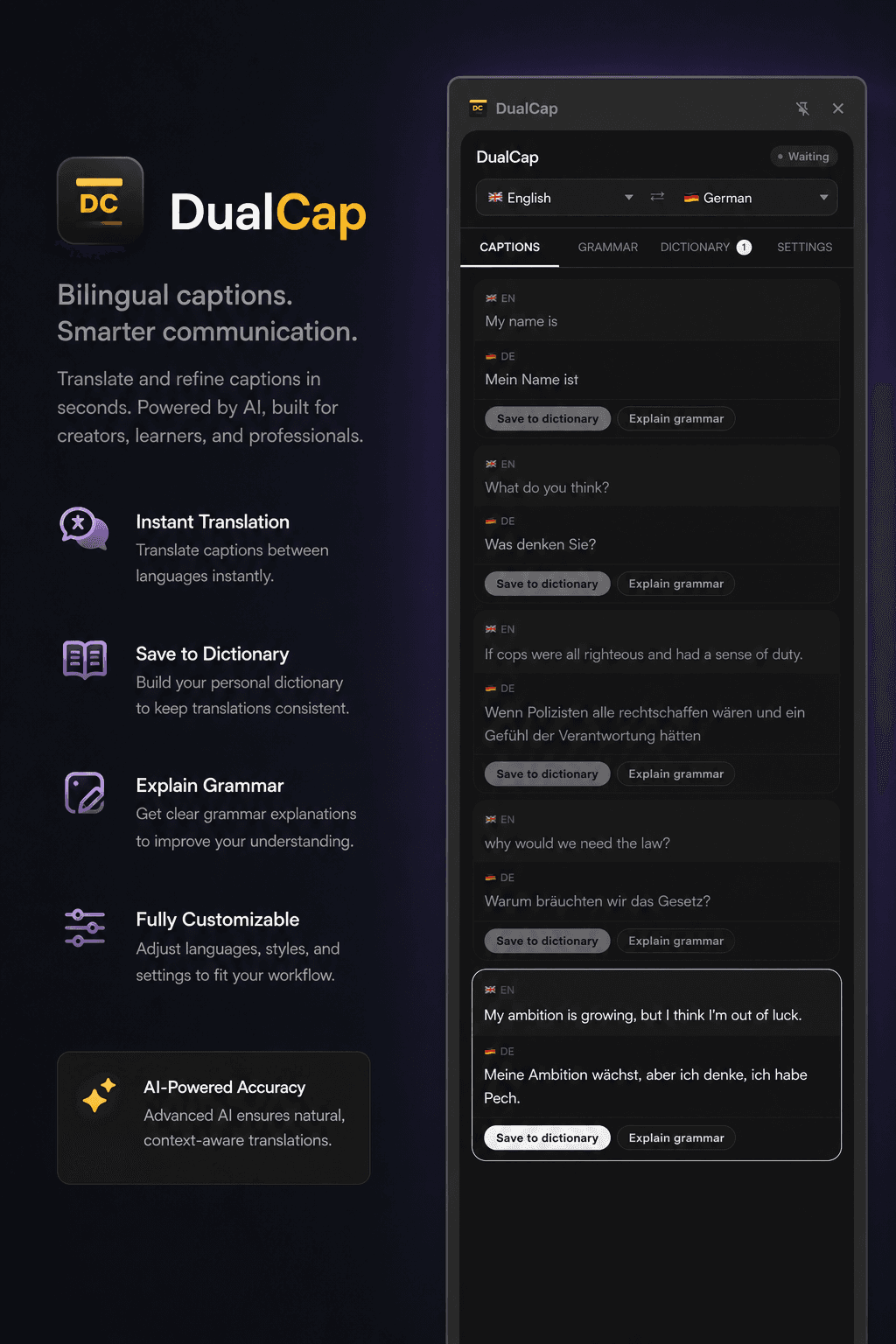 DualCap extension panel showing bilingual captions